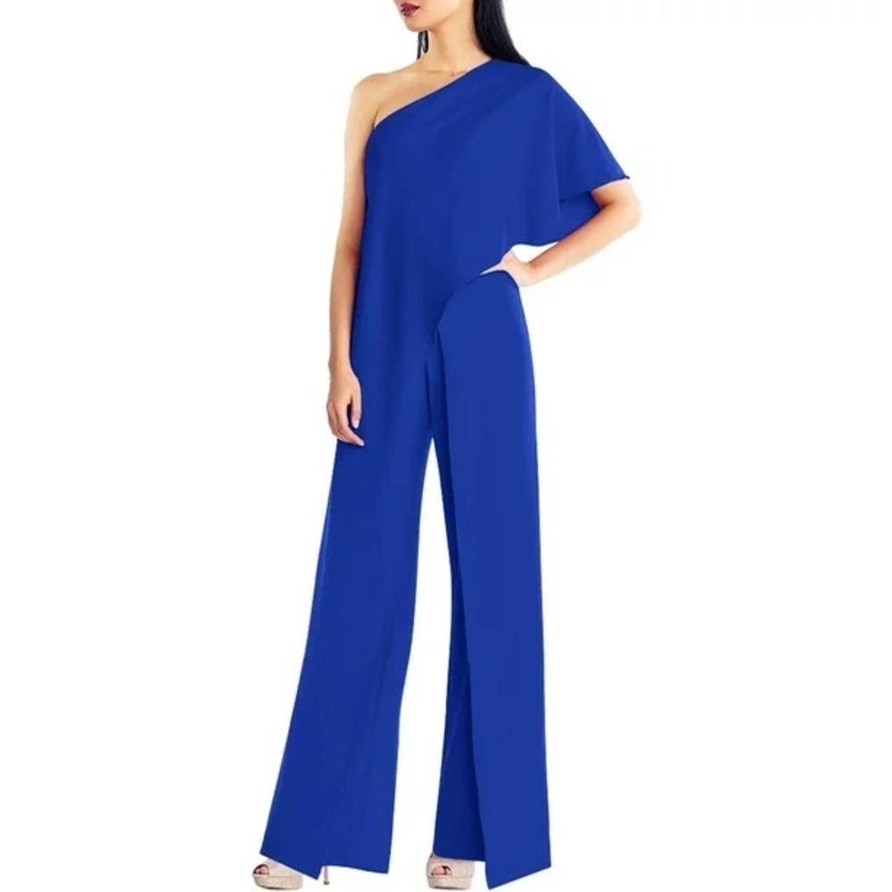 MARINA One Shoulder Jumpsuit With Cascading Side Drape, Royal Blue, Size 6